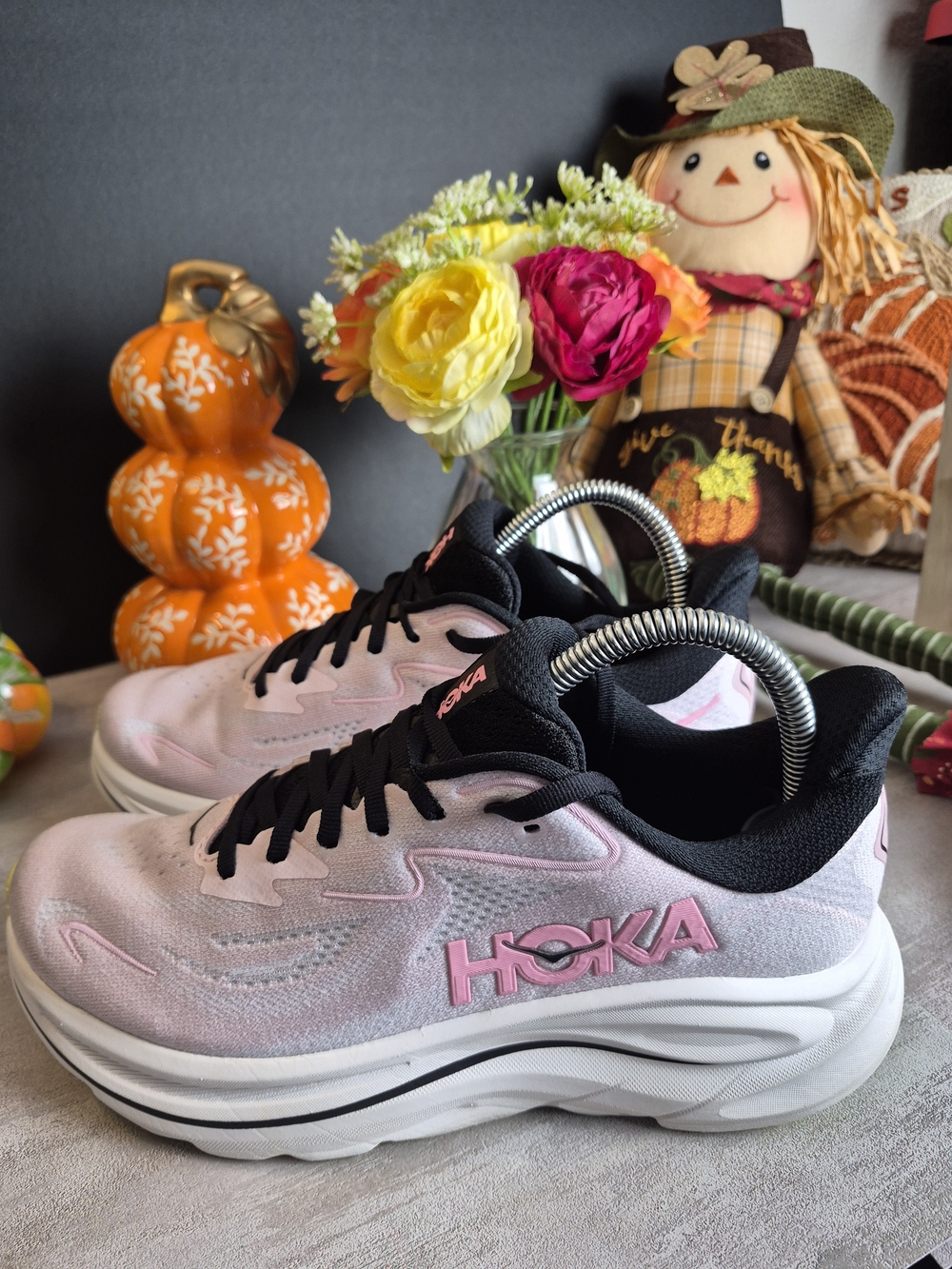Hoka Womens Light Pink and Black Cushioned Sneakers.Size 8